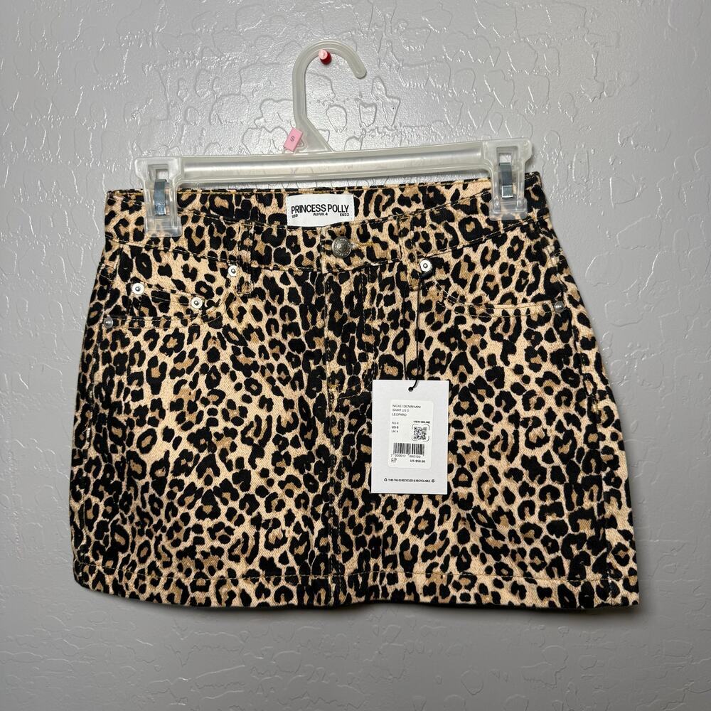 Princess Polly Nickei Denim Mini Leopard Print Skirt US 0